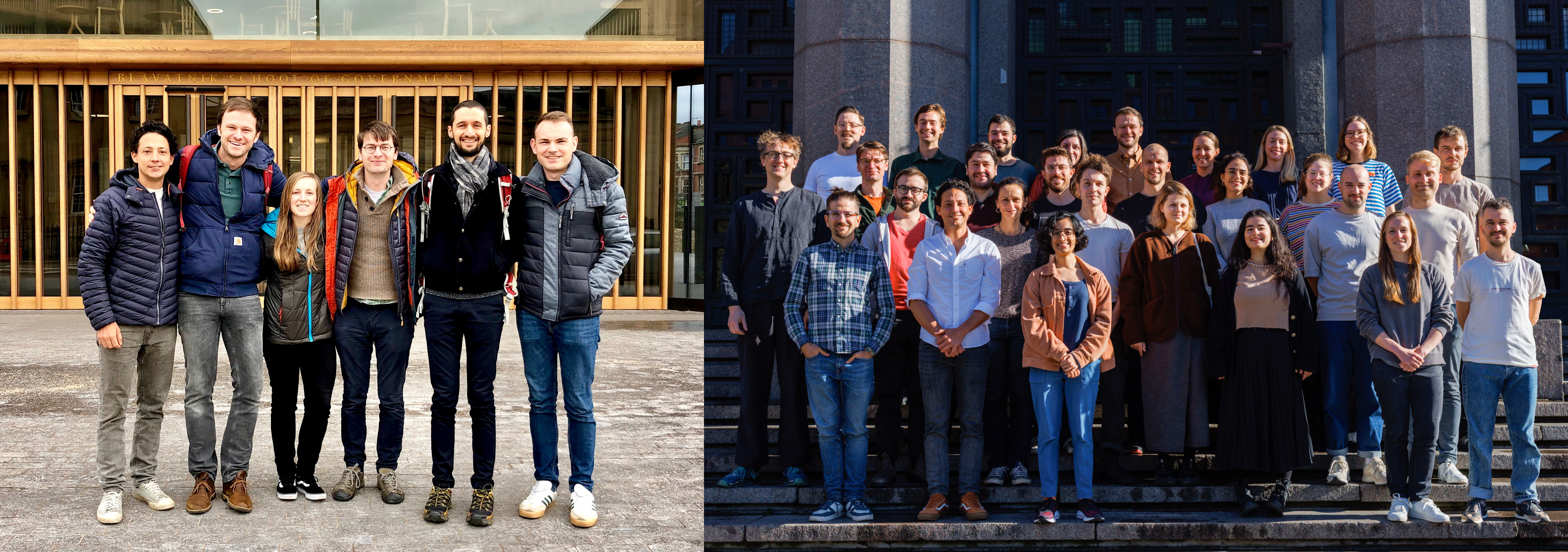 Side-by-side photographs of the Our World in Data team in February 2020 (left) vs. September 2024 (right).